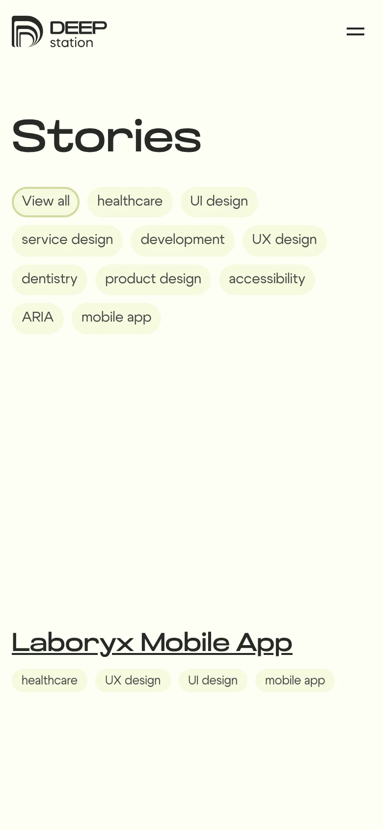 The mobile version displays a single-column layout where the 'Stories' headline and filter tags are stacked vertically. The case study cards, such as the Laboryx Mobile App, appear one after another in a vertical scroll, with the image, title, and tags centered or left-aligned. The navigation is condensed into a hamburger menu icon in the top right corner.