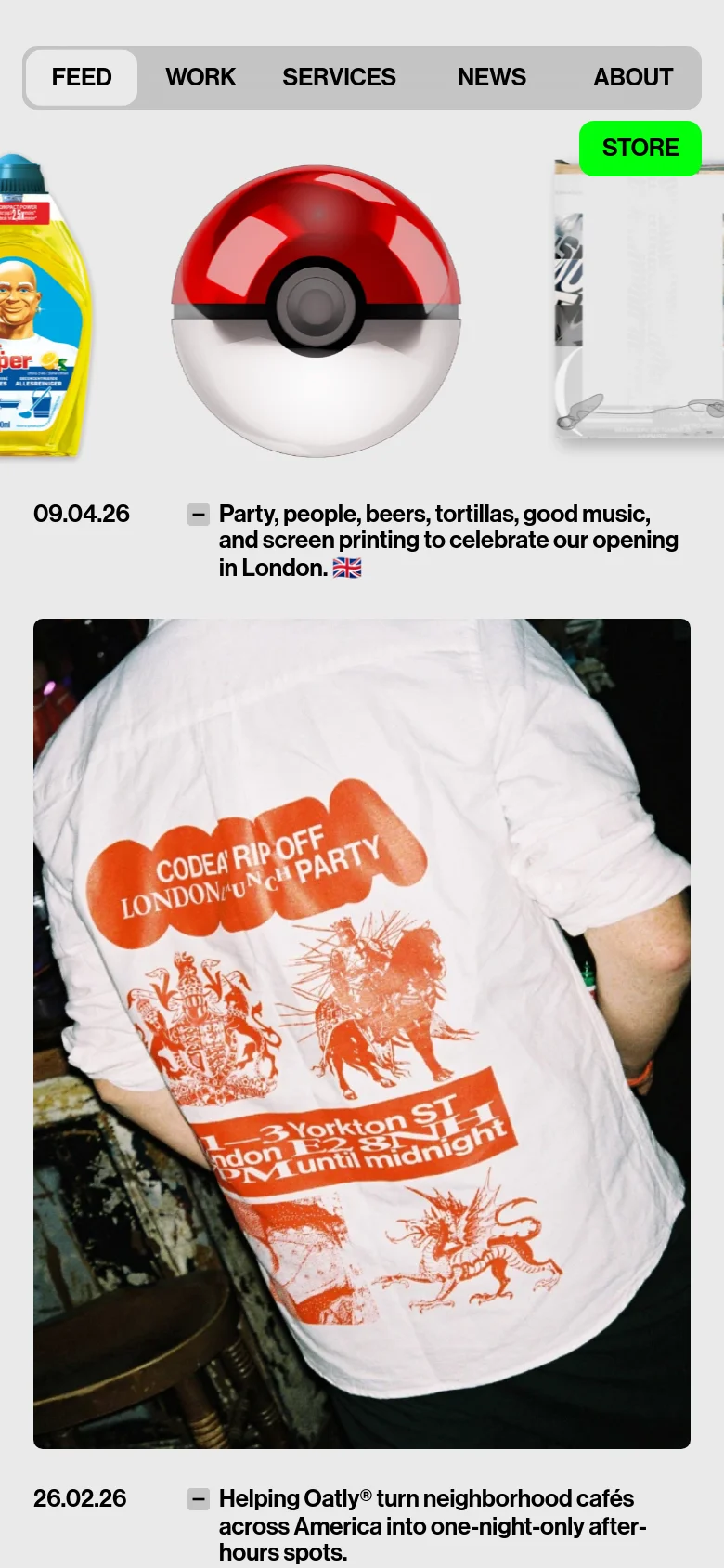 The mobile version uses a light gray header containing the navigation links and a bright green 'STORE' button. The layout shifts to a vertical stack, starting with a large image of a Pokéball followed by the text announcement and a large photograph of the screen-printed white t-shirt.