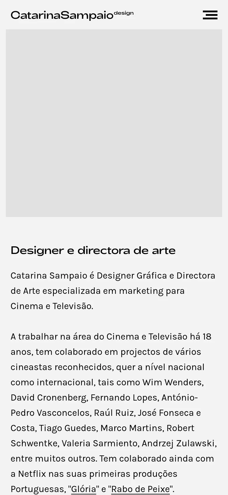 The mobile version simplifies the layout into a single column. The hero image remains at the top, followed by the headline and biographical text stacked vertically. The top navigation is replaced by a hamburger menu icon on the right, and the logo is centered at the top.