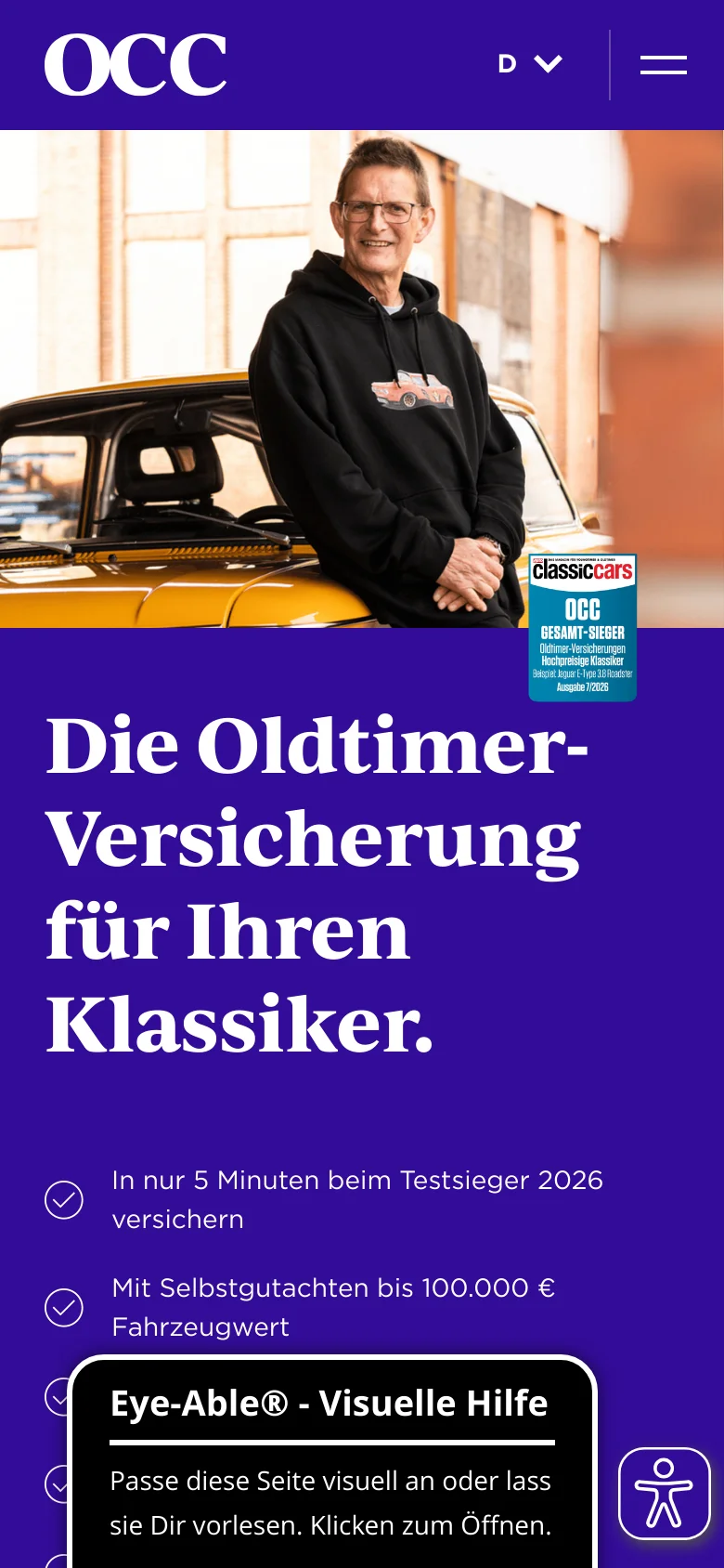 The mobile version uses a vertical stack layout, starting with a large hero image of a man with a vintage yellow car. Below the image, the headline and benefit list appear against a solid purple background. The navigation is simplified into a hamburger menu, and an accessibility widget is visible in the bottom right corner.