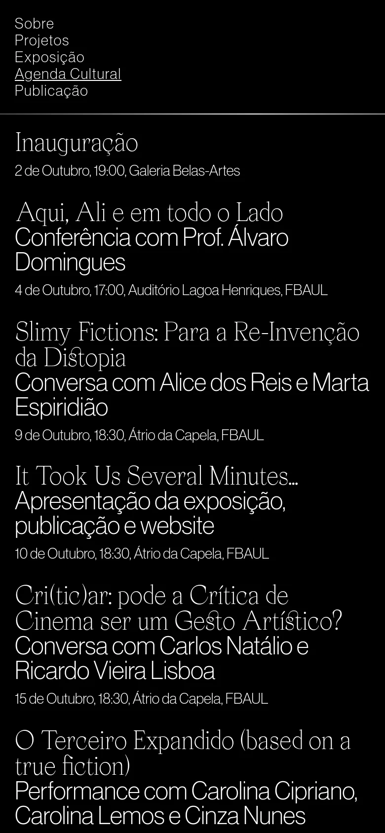The mobile version maintains the black and white minimalist aesthetic but uses a single-column layout. The navigation menu is moved to the top left, and the event list is stacked vertically with larger, centered text for improved readability on small screens.