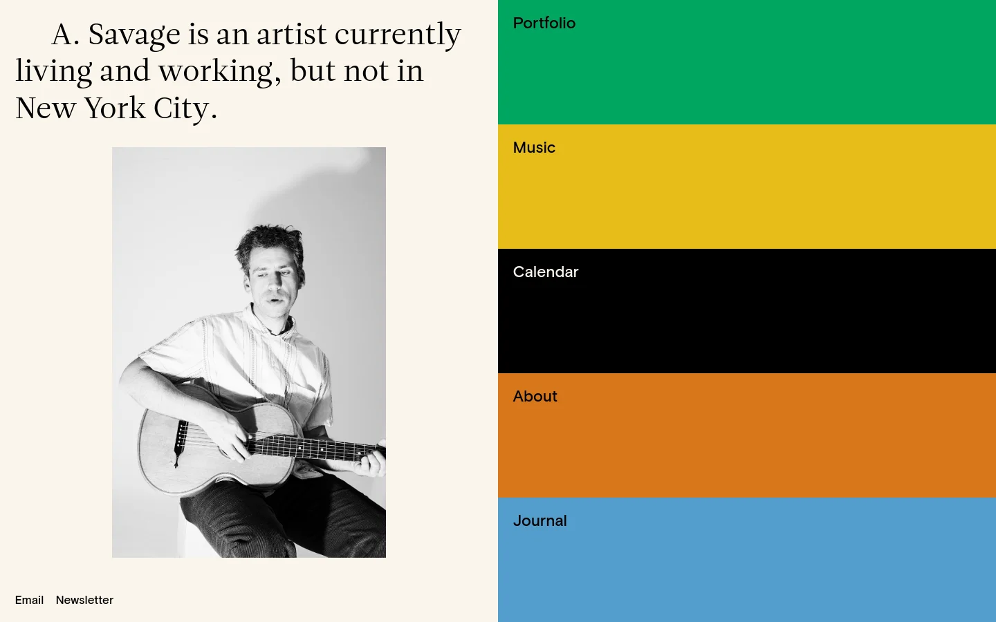 The desktop homepage features a minimalist layout with a large serif headline on the left and a black and white portrait of a man playing a guitar below it. The right side of the screen is composed of five large, stacked color blocks in green, yellow, black, orange, and blue, each containing a navigation link like Portfolio and Music.
