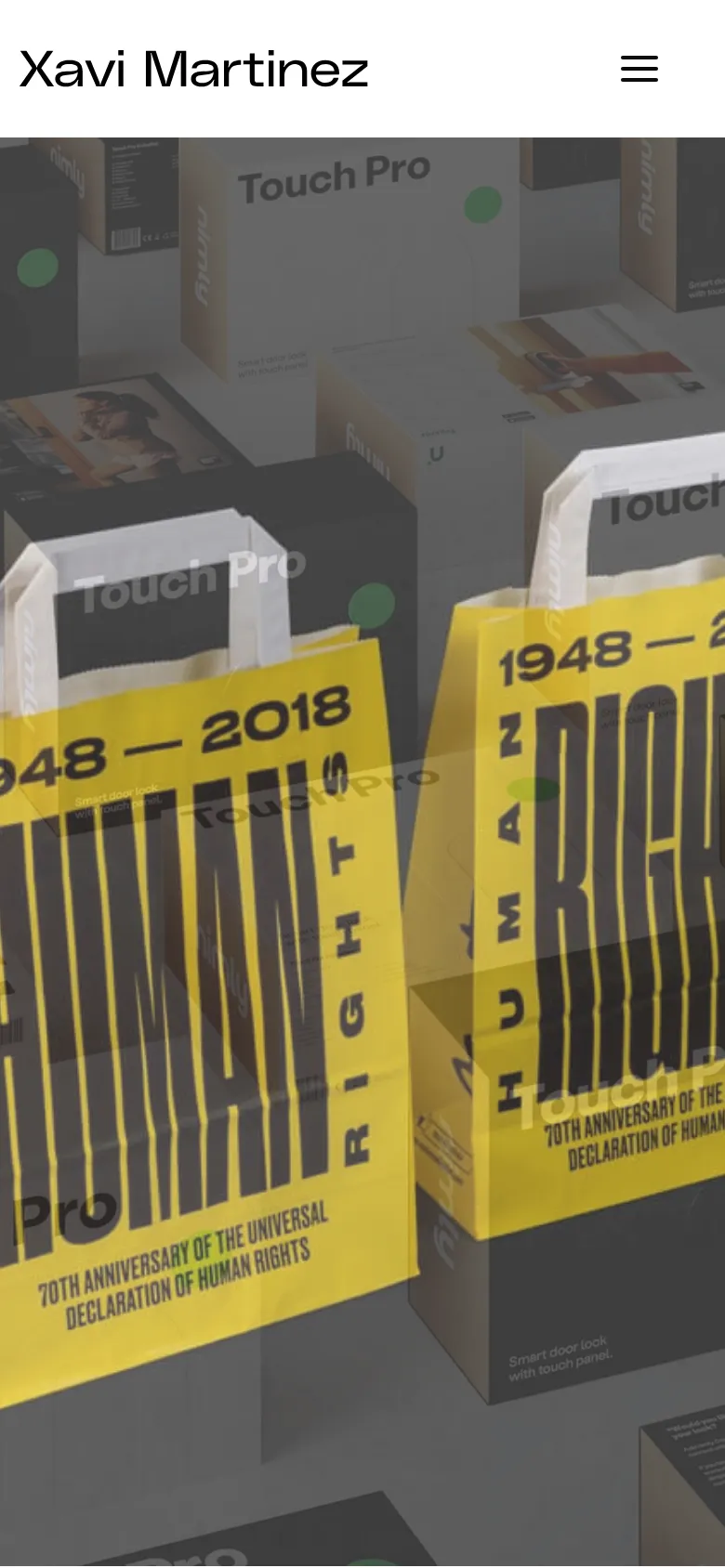 The mobile version maintains the dark theme and minimalist aesthetic but uses a vertical layout. The navigation is condensed into a hamburger menu icon in the top right, and the hero image of the yellow 'Human Rights' bags is cropped to focus on the central graphic elements.