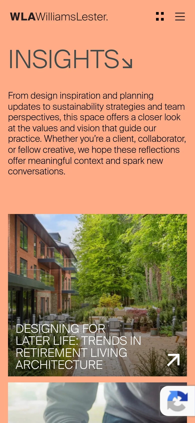 The mobile version maintains the peach-colored background and large 'INSIGHTS' heading but uses a stacked vertical layout. The introductory text appears above a single-column feed of blog posts, each featuring a large image and title. The top navigation is condensed into a hamburger menu icon and a grid icon.
