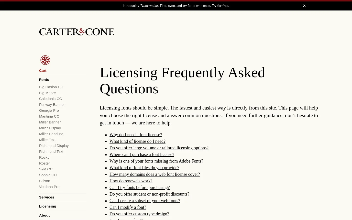 The desktop page features a clean, minimalist layout with a white background and black serif typography. A left-hand sidebar contains a logo, a shopping cart link, a list of font names, and navigation links for Services, Licensing, and About. The main content area displays the headline 'Licensing Frequently Asked Questions' followed by an introductory paragraph and a long list of hyperlinked FAQ questions.