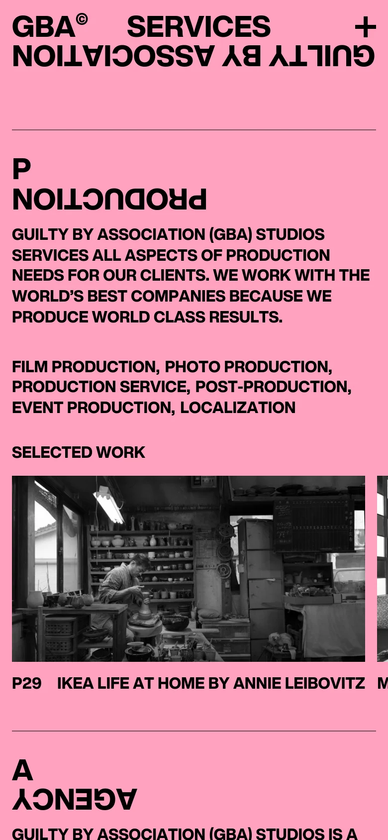 The mobile version maintains the pink and black color scheme but transitions to a single-column vertical layout. The large text headings and project descriptions are stacked vertically, and the 'Selected Work' images appear one after another in a large, full-width format for easier scrolling.