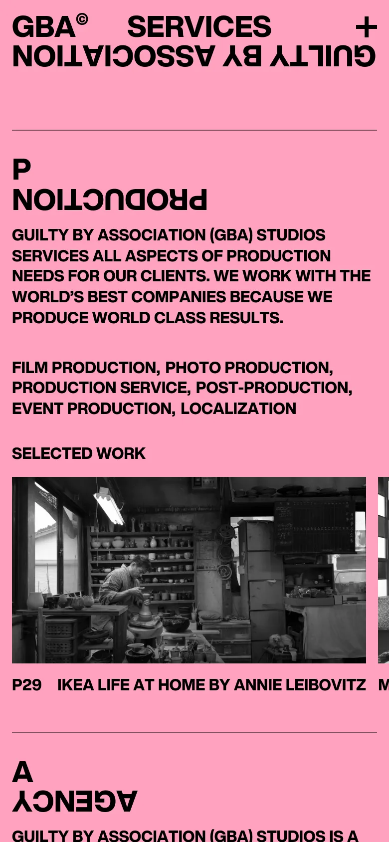 The mobile version maintains the pink and black color scheme but transitions to a single-column vertical layout. The large text headings and project descriptions are stacked vertically, and the 'Selected Work' images appear one after another in a large, full-width format for easier scrolling.