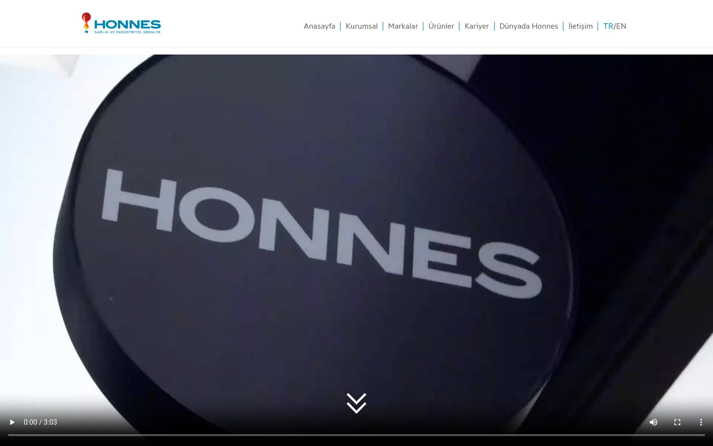 The desktop homepage features a large video hero section with the Honnes logo, followed by a navigation menu with links like 'Anasayfa' and 'Markalar'. Below the video, a section titled 'NEDEN HONNES?' displays three blue circular icons representing Expertise, Continuous Development, and Quality. The layout uses a clean white background with blue accents and organized sections for brands and product categories.