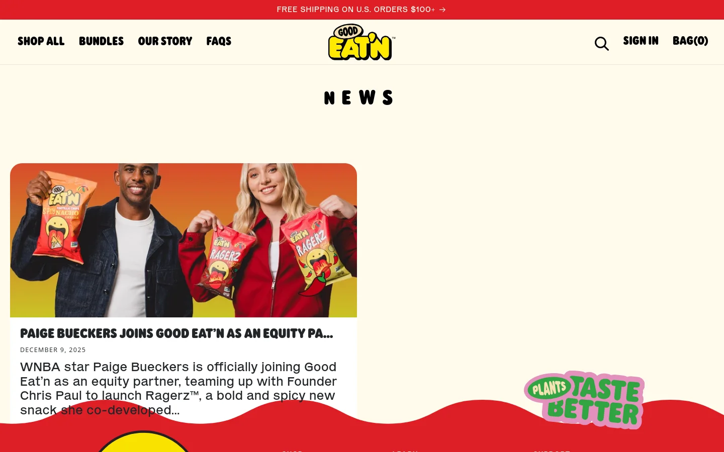 The desktop News page features a cream background with a centered 'NEWS' headline in bold black text. Below, a large featured news card displays a photo of Chris Paul and Paige Bueckers holding snack bags, followed by a bold headline, date, and article summary. The navigation bar at the top includes links for Shop All, Bundles, Our Story, and FAQs, alongside the Good Eat'n logo and a search icon.