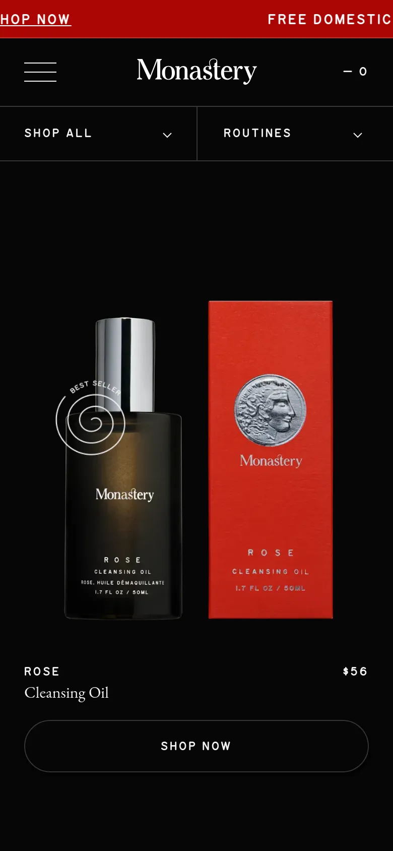 The mobile version uses a dark theme with a simplified layout, featuring a hamburger menu and large dropdown selectors for 'Shop All' and 'Routines'. The product display is stacked vertically, showing a large image of the Rose Cleansing Oil alongside its name, price, and a prominent 'Shop Now' button.