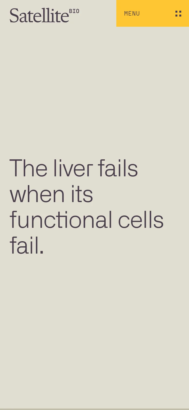 The mobile version maintains the minimalist beige and gray color scheme but shifts the layout for a vertical screen. The headline 'The liver fails when its functional cells fail' is stacked vertically in the center, and the yellow menu bar is replaced by a horizontal yellow 'MENU' button at the top right.