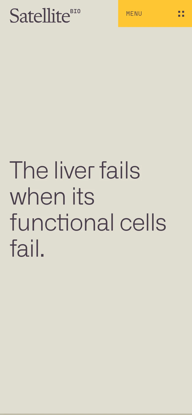 The mobile version maintains the minimalist beige and gray color scheme but shifts the layout for a vertical screen. The headline 'The liver fails when its functional cells fail' is stacked vertically in the center, and the yellow menu bar is replaced by a horizontal yellow 'MENU' button at the top right.