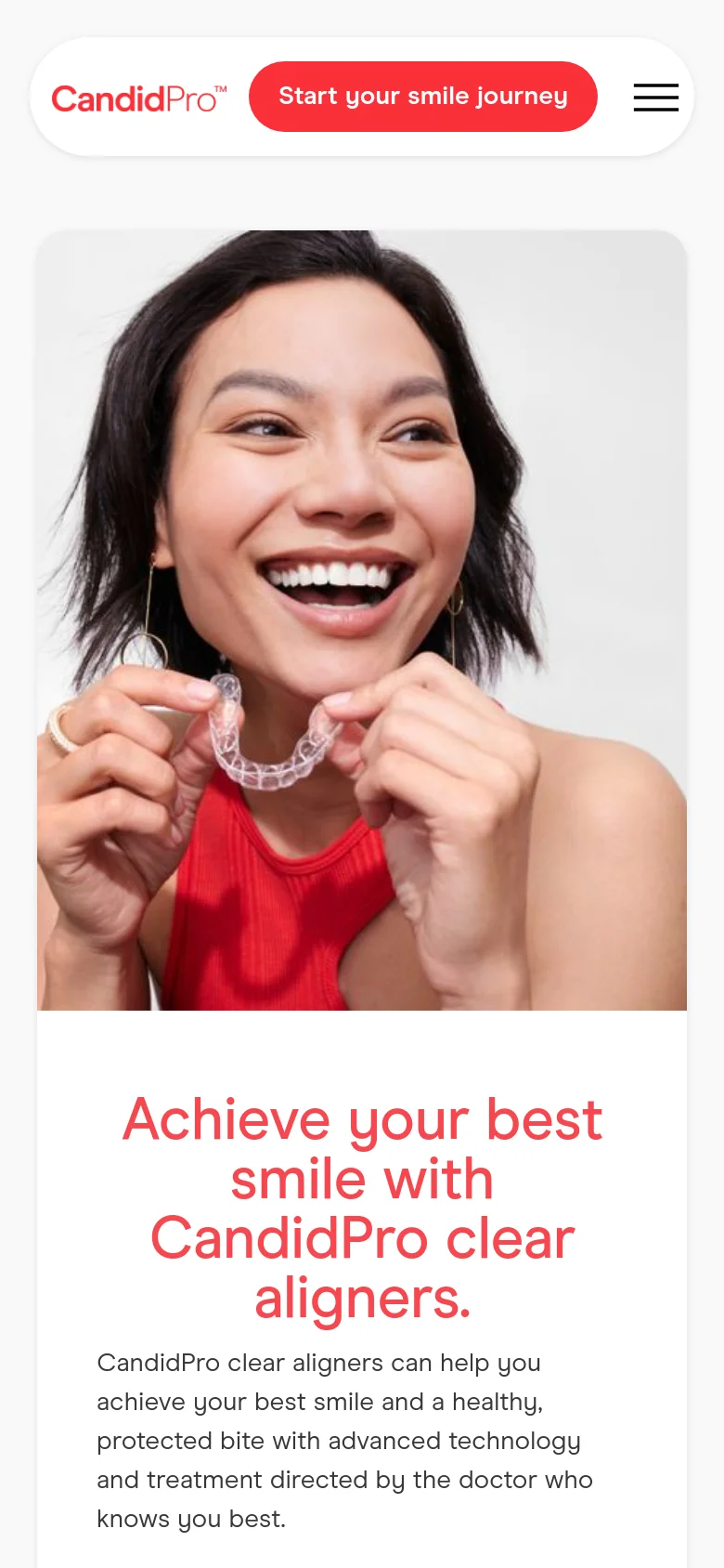 The mobile version simplifies the layout with a condensed header containing the CandidPro logo, a red 'Start your smile journey' button, and a hamburger menu icon. The hero content is stacked vertically, featuring the large image of the smiling woman at the top, followed by the headline, descriptive text, and the primary call-to-action button below.