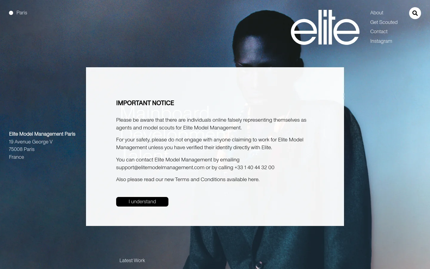 Elite Model homepage desktop website screenshot