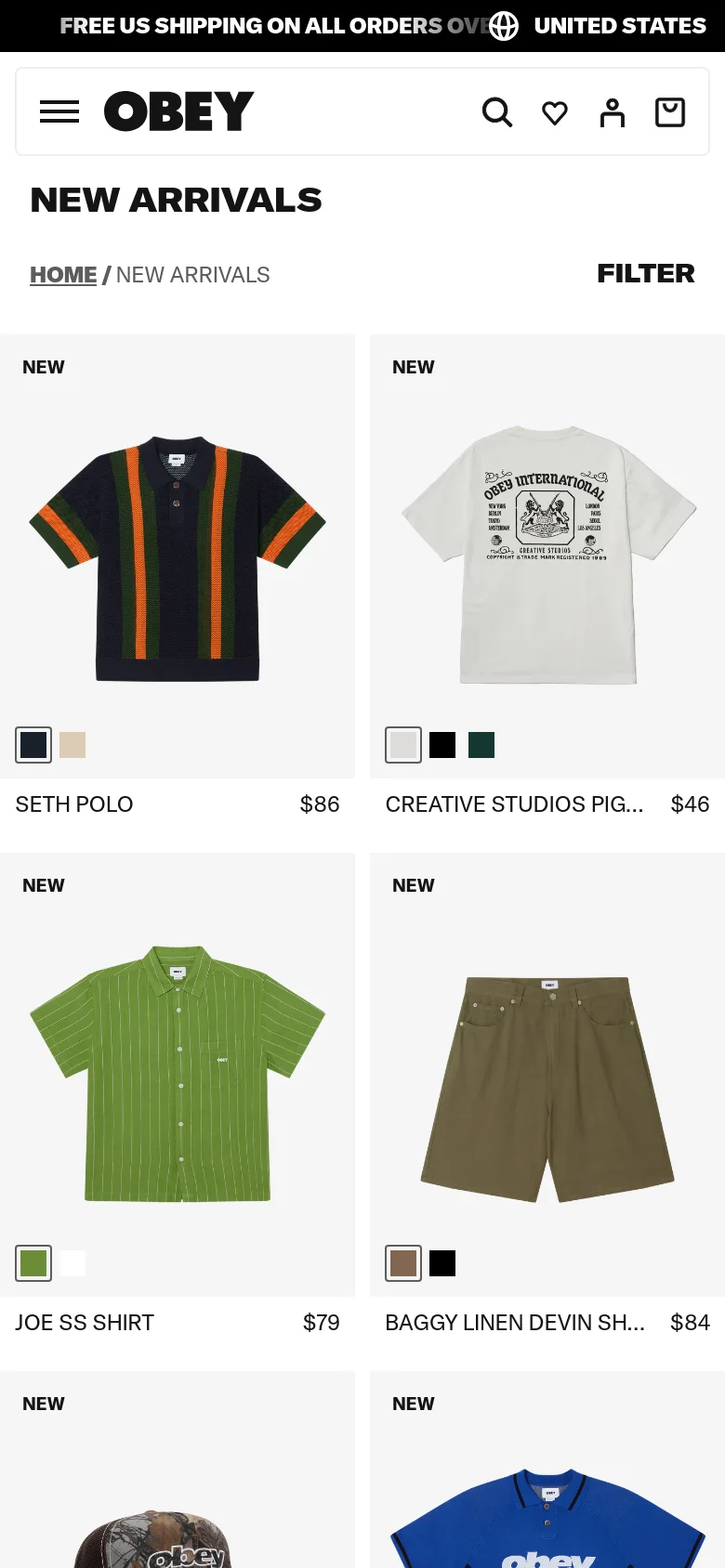 The mobile version presents a simplified vertical layout with a hamburger menu and the OBEY logo at the top. The 'NEW ARRIVALS' heading is prominent, followed by a single-column or narrow two-column product grid that stacks images, product titles, and prices vertically to fit the smaller screen. The filter option is displayed as a text link below the main heading.