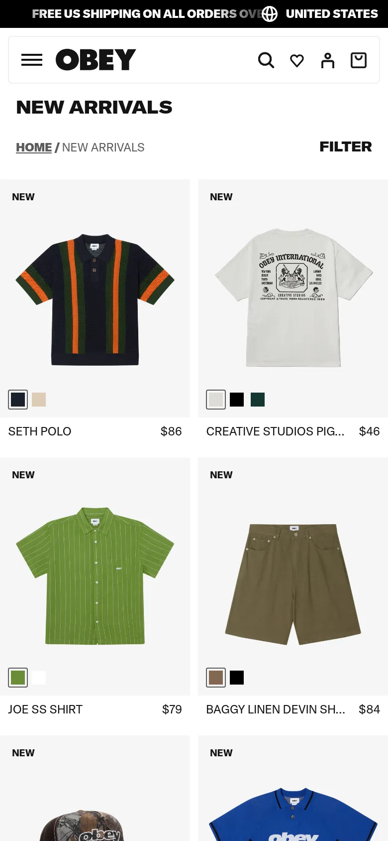 The mobile version presents a simplified vertical layout with a hamburger menu and the OBEY logo at the top. The 'NEW ARRIVALS' heading is prominent, followed by a single-column or narrow two-column product grid that stacks images, product titles, and prices vertically to fit the smaller screen. The filter option is displayed as a text link below the main heading.