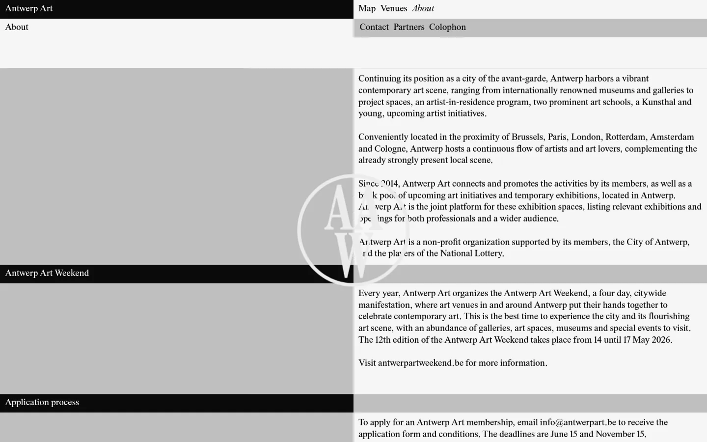 The About page for Antwerp Art features a minimalist design with a black header containing navigation links for Map, Venues, and About. The layout consists of large, light gray rectangular blocks on the left side of the screen, paired with clean black text on a white background on the right. Headlines like 'Antwerp Art Weekend' and 'Application process' are set in bold black text against dark background bars.