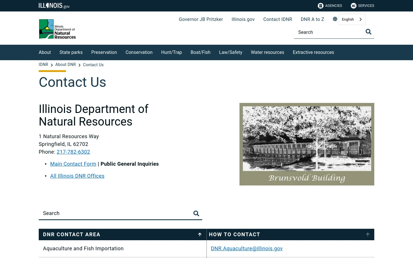 The desktop version features a white background with a dark blue navigation bar containing links like About, State parks, and Conservation. The main content displays the headline 'Contact Us' followed by the Illinois Department of Natural Resources address, phone number, and links to contact forms, alongside a black and white photo of the Brunsvold Building.