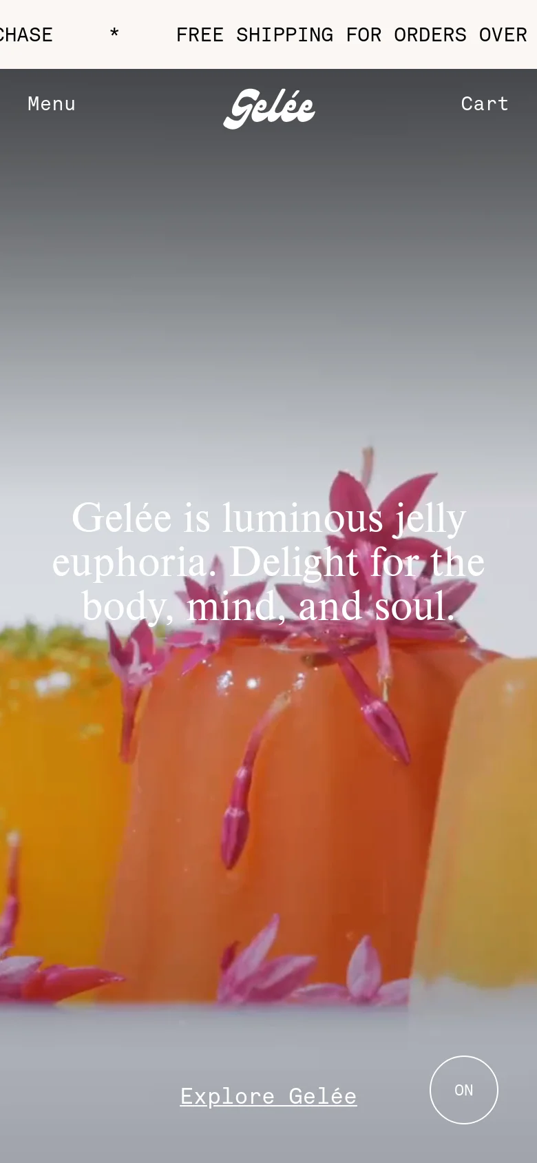 The mobile version presents a vertically stacked layout optimized for scrolling. The hero section features large, centered text over a vibrant jelly image, followed by a single-column product display. Navigation is condensed into a 'Menu' button and a 'Cart' icon at the top, with a prominent 'Explore Gelée' call to action at the bottom.