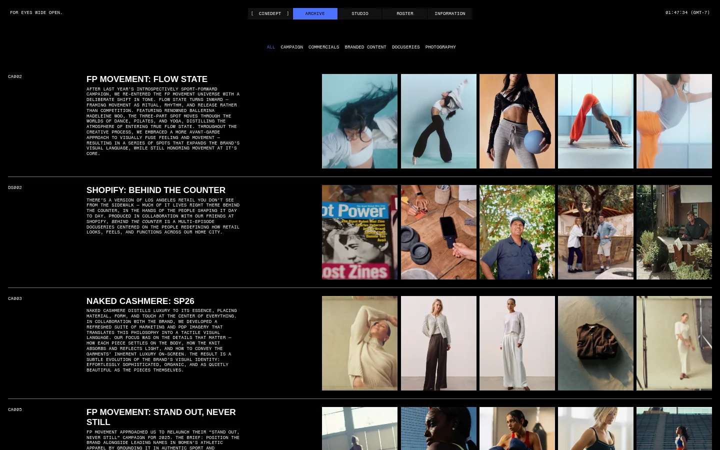 The Archive page features a dark minimalist layout with white text and a navigation menu at the top. Content is organized in horizontal rows, each containing a project code, large bold title, descriptive text on the left, and a gallery of four rectangular preview images on the right. A filter menu allows users to sort by categories like Campaign, Commercials, and Docuseries.