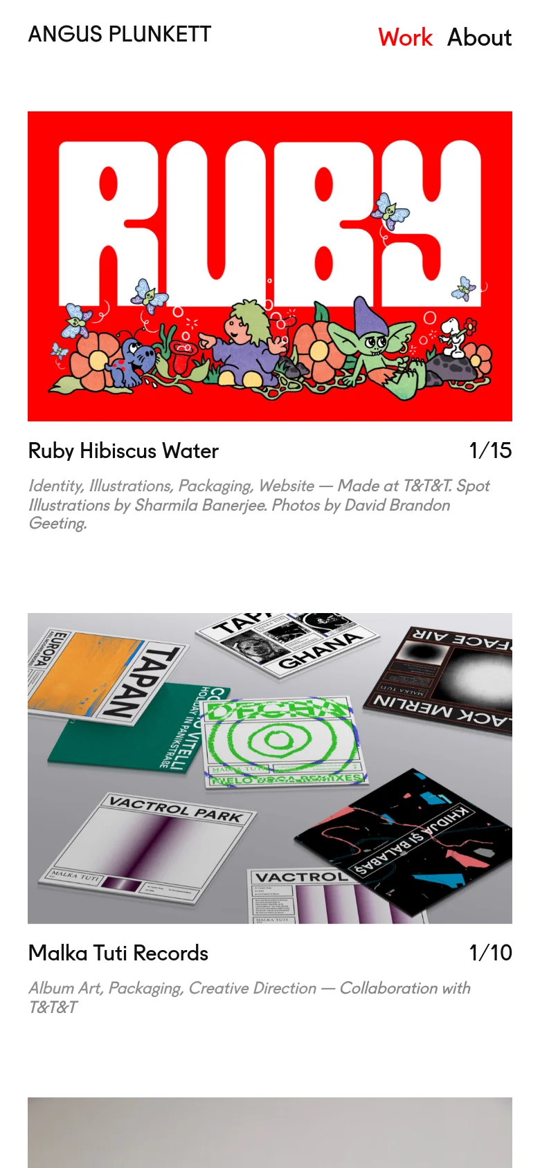 The mobile version maintains the minimalist white aesthetic but stacks elements vertically for a single-column layout. The navigation menu is positioned at the top, and the large 'Ruby Hibiscus Water' hero image spans the width of the screen, followed by its corresponding title and project details below.