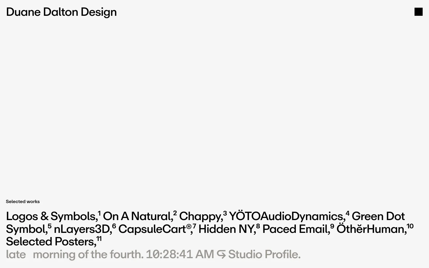 A minimalist website for Duane Dalton Design featuring a light gray background with black sans-serif typography. The layout consists of the brand name at the top left, a menu icon at the top right, and a list of 'Selected works' links arranged horizontally in the center, followed by a 'Studio Profile' link at the bottom.