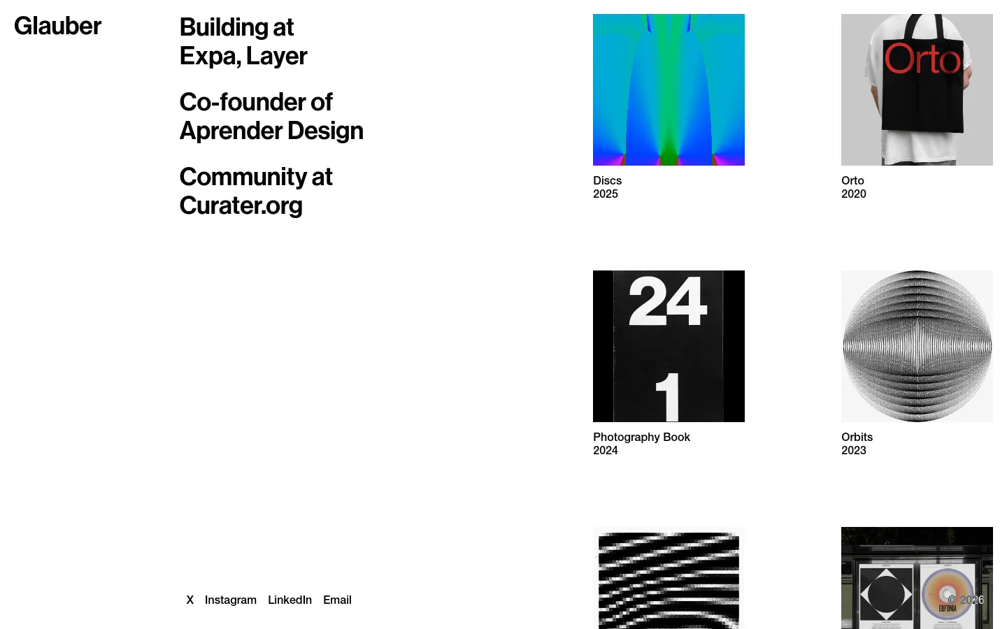A minimalist personal portfolio website with a white background and black sans-serif typography. The top section lists professional roles, followed by a grid of project tiles featuring colorful abstract art, photography, and graphic design works. A footer contains social links like Instagram and LinkedIn.