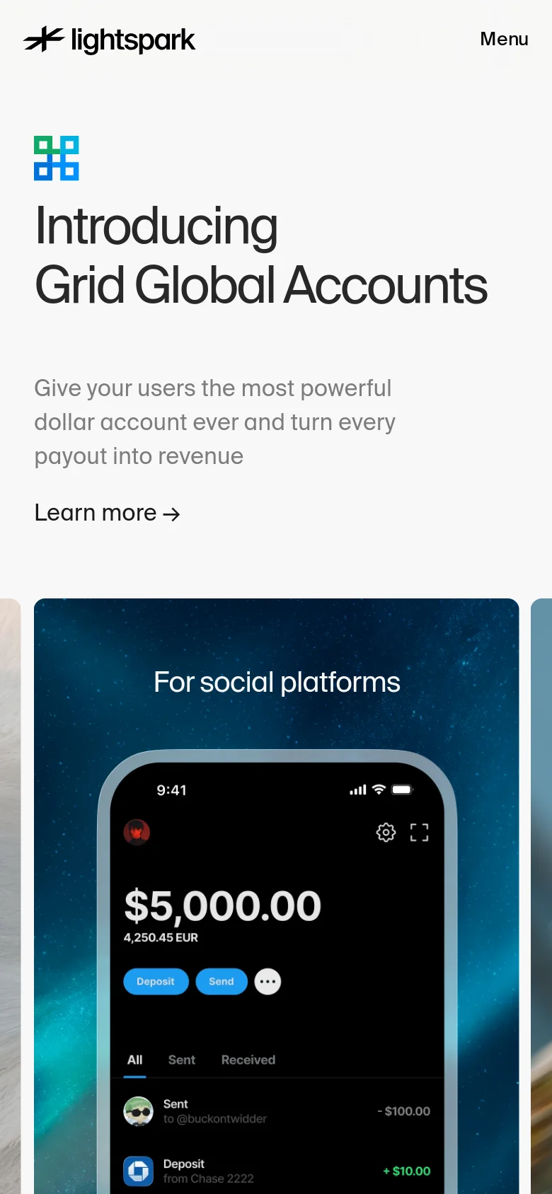 The mobile version simplifies the layout into a single-column vertical stack, prioritizing the large 'Introducing Grid Global Accounts' headline and the 'Learn more' link. The hero imagery transitions from a wide collage to a large, centered smartphone mockup showing a digital wallet interface with a balance of $5,000.00. The background remains a soft, light gradient, and the navigation is condensed into a 'Menu' button.