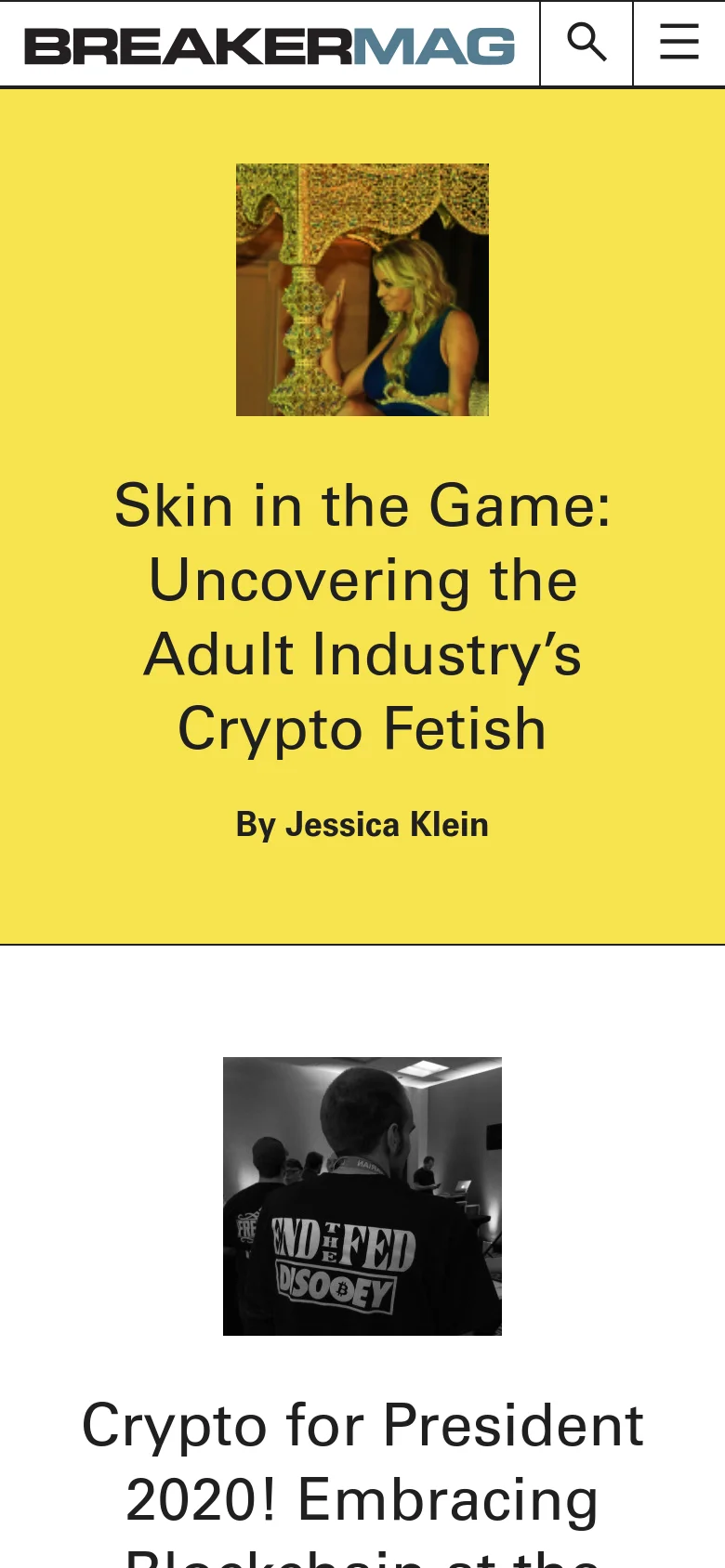 The mobile version maintains the high-contrast yellow hero section with the primary headline and portrait, but stacks the content vertically. The layout is simplified into a single column, prioritizing large, legible text and full-width imagery for easier scrolling on smaller screens.