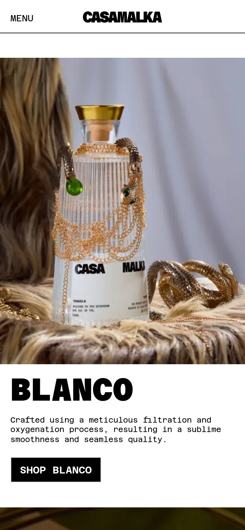The mobile version uses a single-column vertical layout, prioritizing the large hero image of the Blanco tequila bottle with gold chains. The navigation is condensed into a 'MENU' button at the top, and the product sections, such as the Blanco description and 'SHOP BLANCO' button, are stacked vertically for easy scrolling.