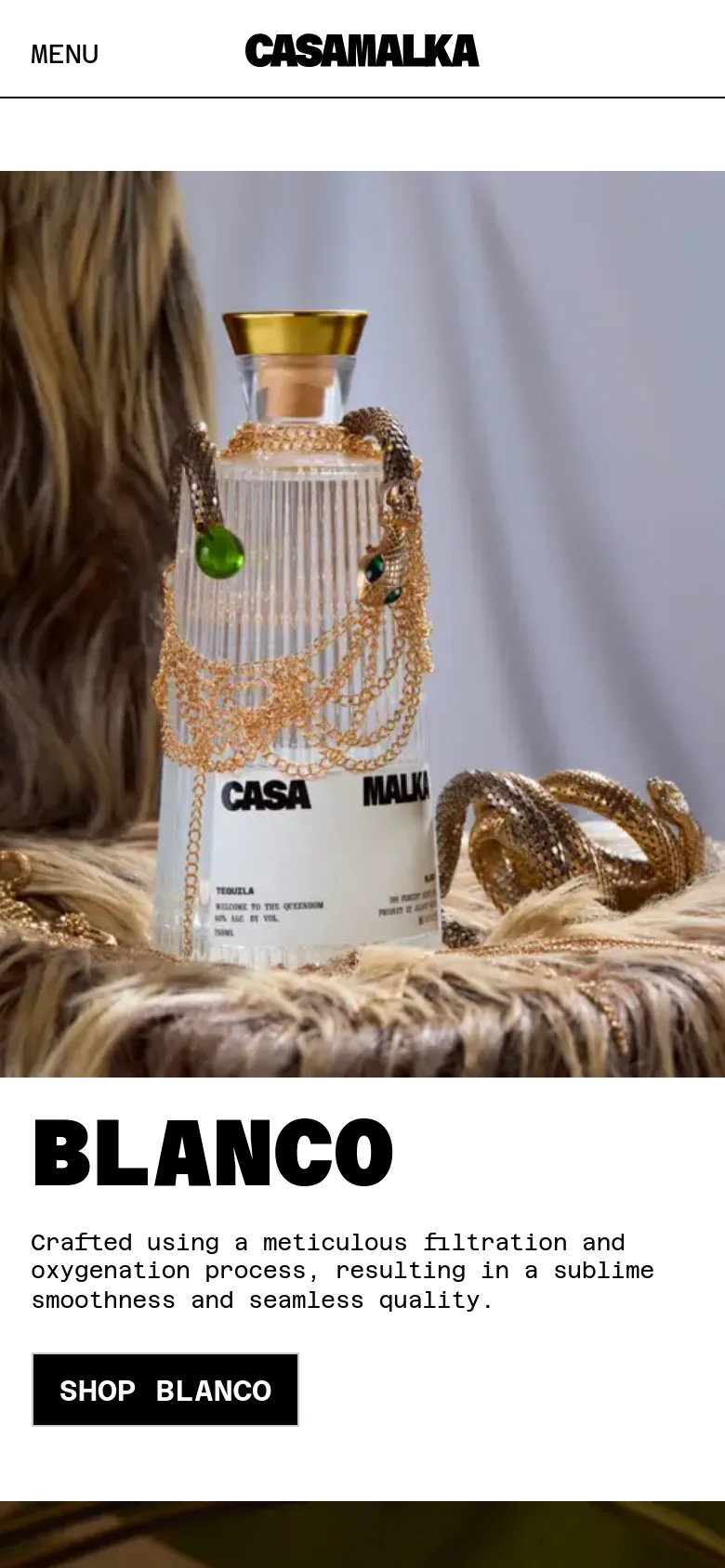 The mobile version uses a single-column vertical layout, prioritizing the large hero image of the Blanco tequila bottle with gold chains. The navigation is condensed into a 'MENU' button at the top, and the product sections, such as the Blanco description and 'SHOP BLANCO' button, are stacked vertically for easy scrolling.