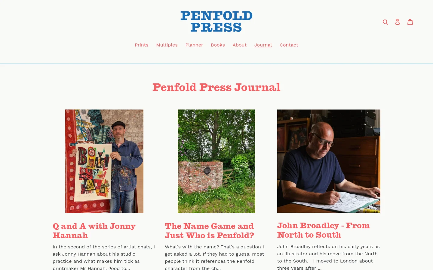 The Penfold Press Journal page features a clean white background with a centered red title. Below the title, a grid layout displays blog posts, each consisting of a large vertical image, a bold red headline, and a brief text excerpt. Navigation links for Prints, Multiples, Planner, Books, About, Journal, and Contact are located at the top.