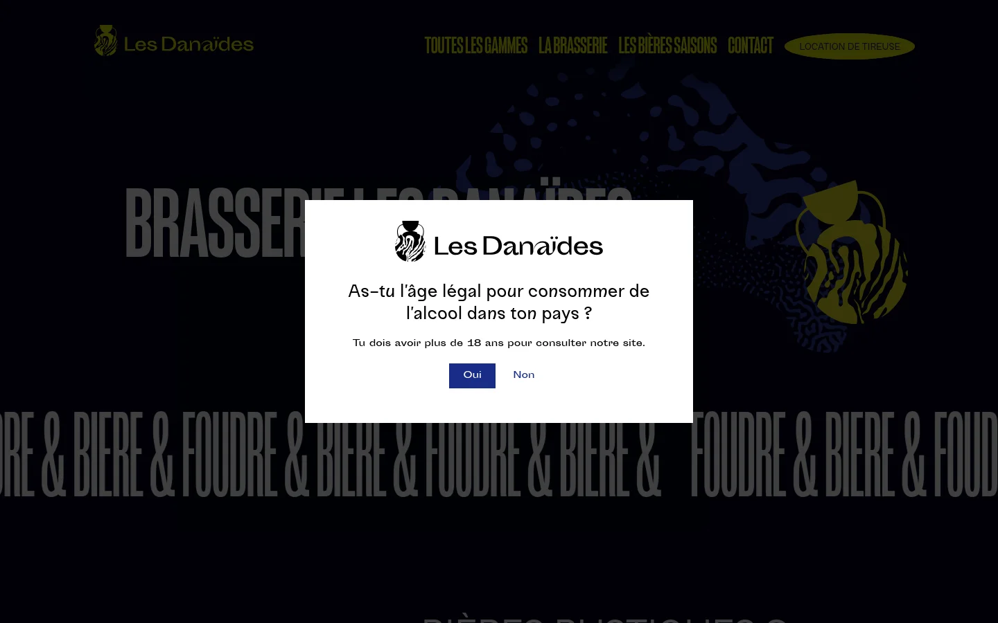 The desktop homepage features a dark theme with yellow accents and a large age verification pop-up in the center. Behind the pop-up, the Brasserie Les Danaïdes logo and large stylized text are visible against a dark background with abstract blue and yellow patterns. The navigation menu includes links for beer ranges, the brewery, seasonal beers, contact, and a keg rental call to action.