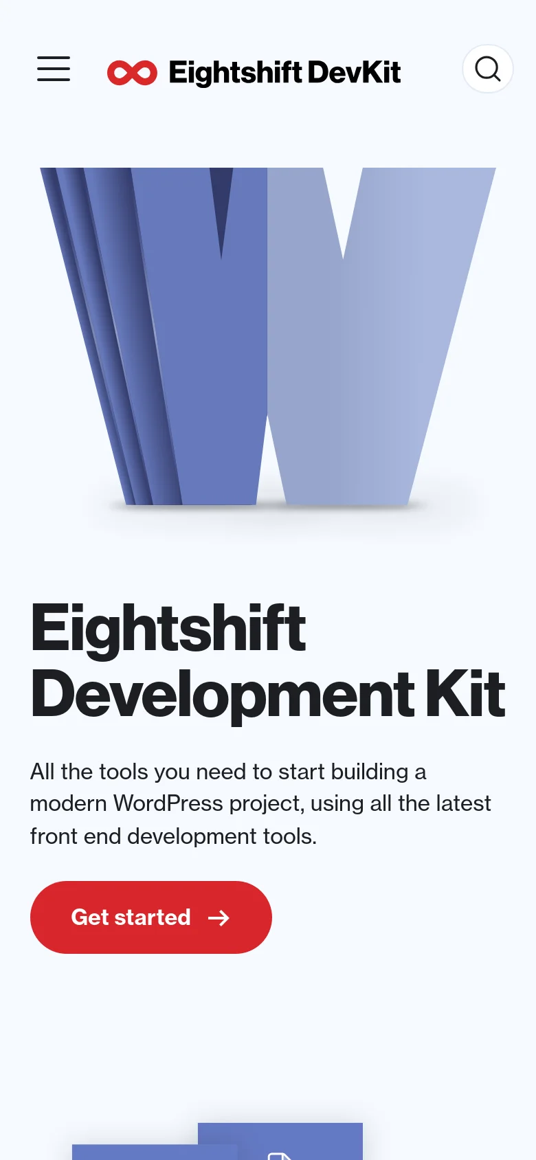 The mobile version presents a vertically stacked layout with a hamburger menu icon and a search icon in the header. The large blue 3D 'W' graphic is positioned above the main headline and description. The red 'Get started' button is centered below the text, and the overall design is simplified for a single-column view.