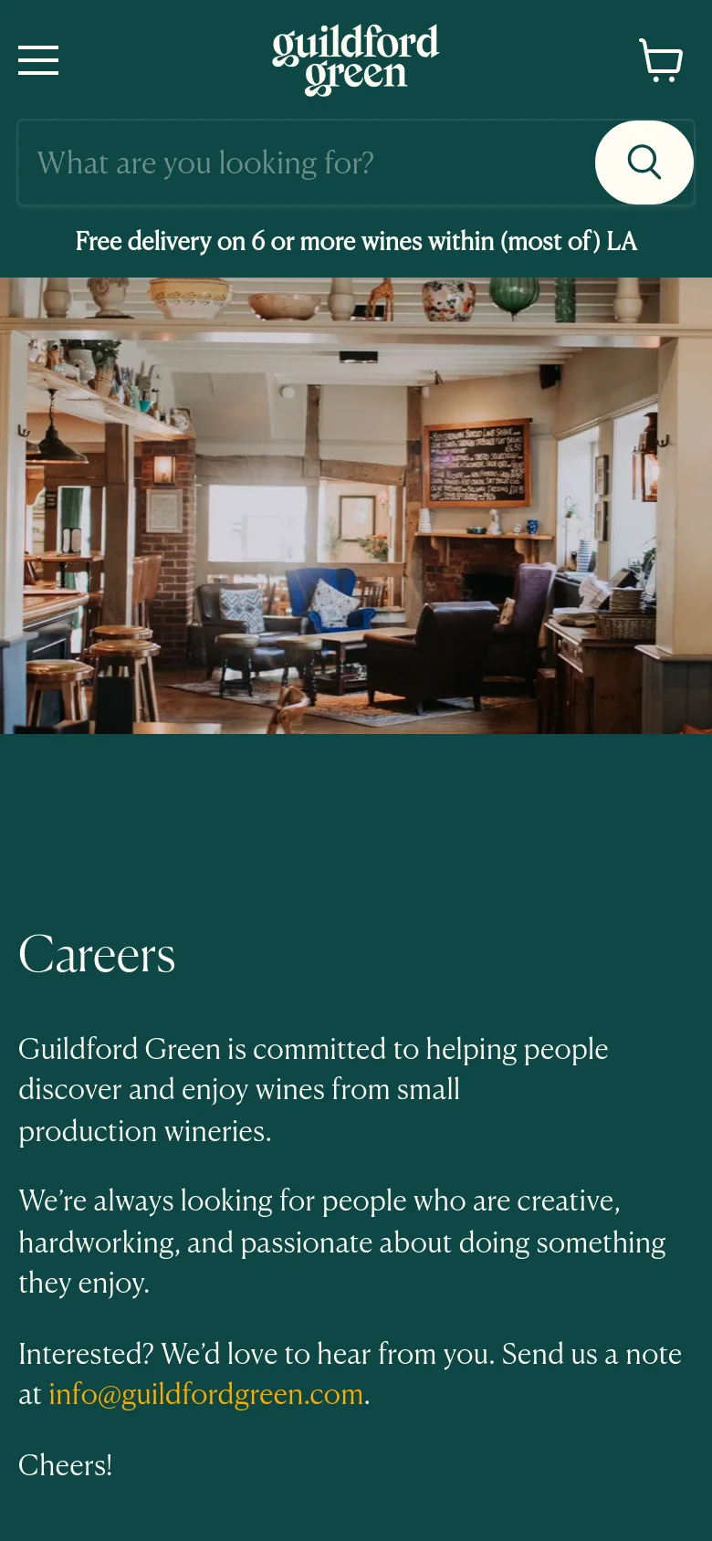 Mobile view of the Careers page with a condensed layout. The header includes a hamburger menu, the Guildford Green logo, and a search bar. The hero image of the lounge is scaled down, followed by the 'Careers' headline and contact information on a dark green background.