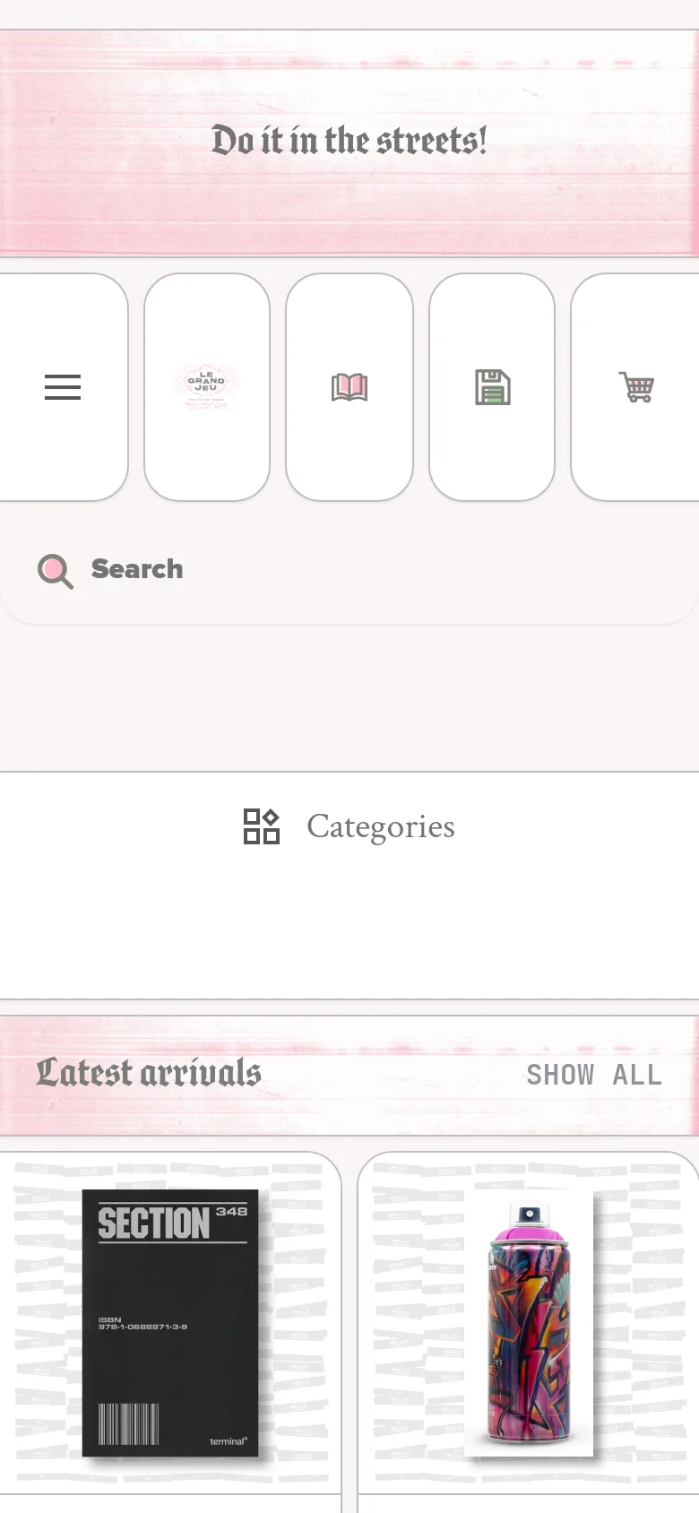 The mobile version features a simplified header with a hamburger menu, the brand logo, and icons for Journal, Paperware, user account, and shopping cart. A prominent search bar is positioned below the icons, followed by a 'Categories' button and a vertical scrolling list of 'Latest arrivals' product cards.