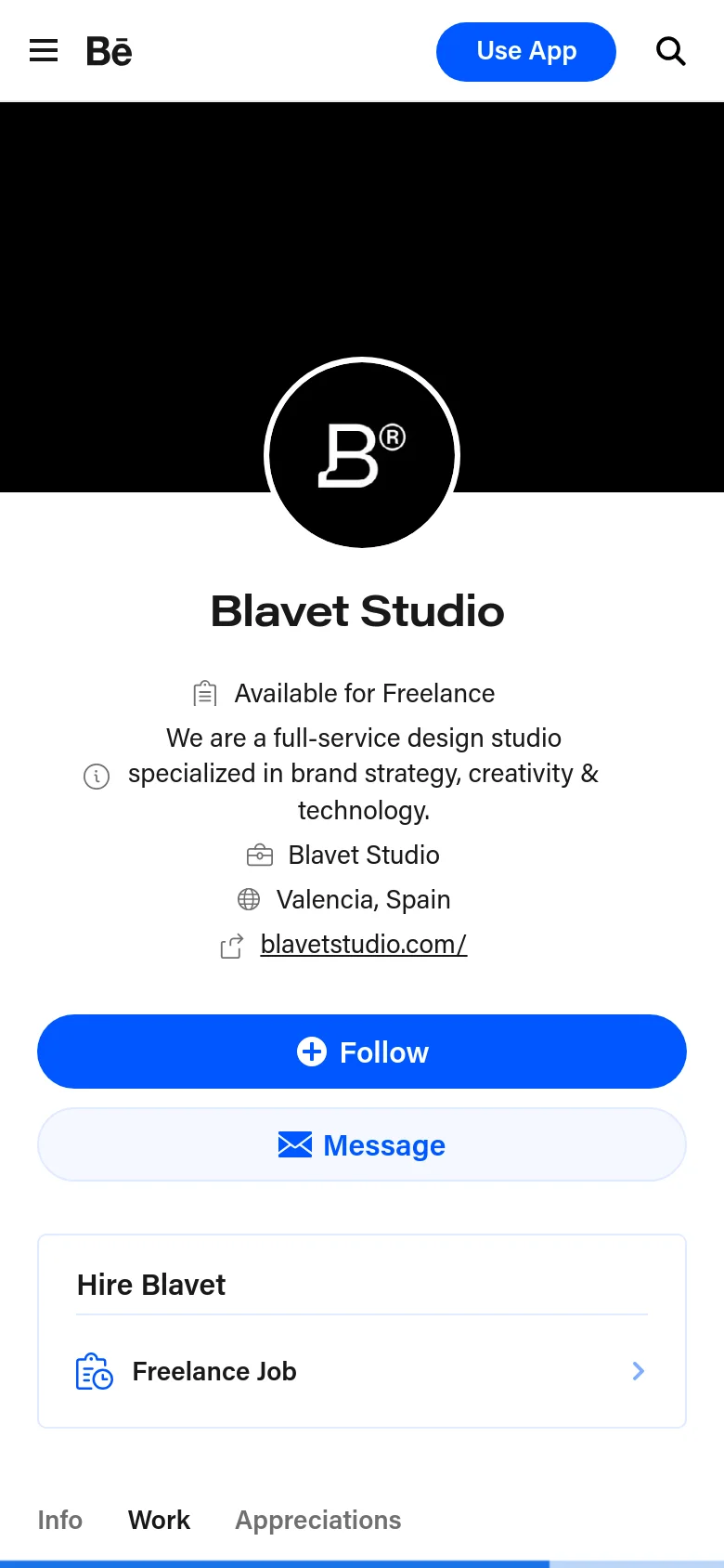 The mobile version presents a vertically stacked layout optimized for small screens. The profile information, including the logo, studio name, and blue action buttons, occupies the top half of the screen, while navigation tabs for 'Info', 'Work', and 'Appreciations' are positioned at the bottom.