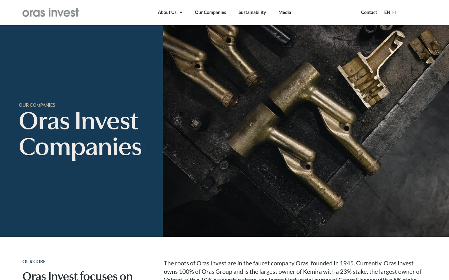 The desktop page features a split hero section with a dark blue block on the left containing the headline 'Oras Invest Companies' and a large photo of brass faucet components on the right. A white navigation bar at the top includes the Oras Invest logo, menu links like 'About Us' and 'Our Companies', and language selectors. Below the hero, text describes the company's focus on industrial companies.