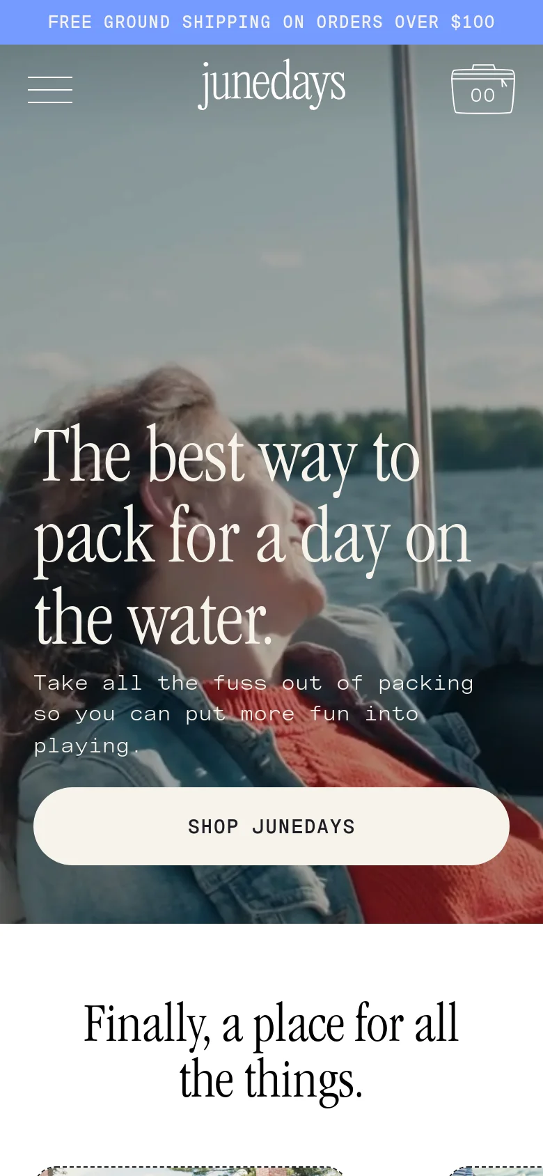 The mobile version presents a vertically stacked layout, starting with a full-width hero image featuring the headline 'The best way to pack for a day on the water' and a prominent 'SHOP JUNEDAYS' call to action. The navigation is condensed into a hamburger menu icon at the top left, while the logo and shopping bag icon remain centered and right-aligned respectively. The content below the hero section follows a single-column format for easier scrolling on smaller screens.