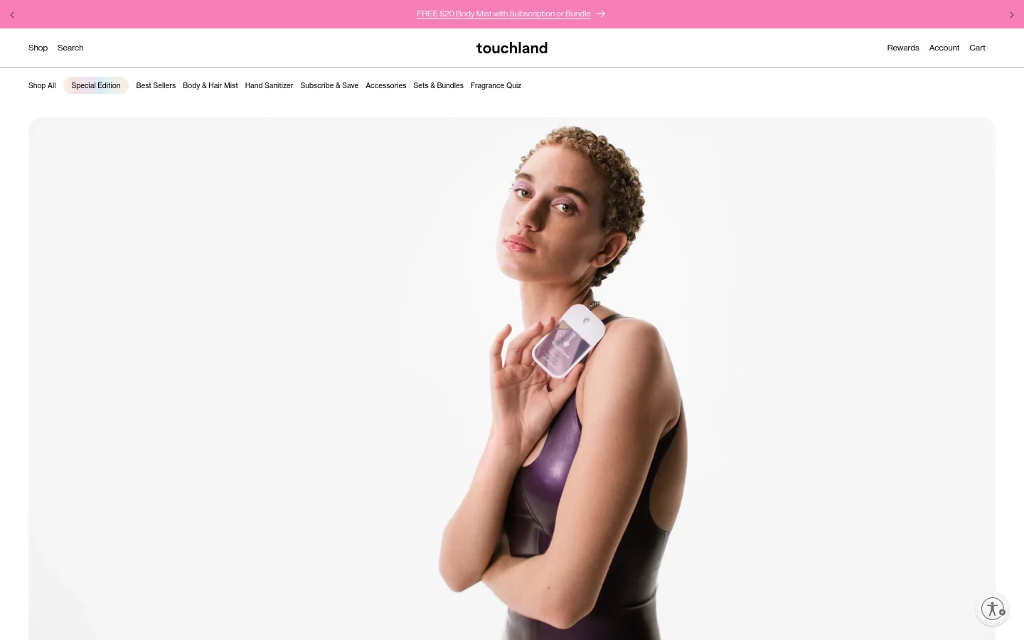 The desktop page features a large hero image of a person holding a Touchland hand sanitizer against a white background. Below, the 'How to reach us' section uses a clean, minimalist layout with black text on a white background, organized into clear headings for General, Collaboration, Business, Distribution, and Press inquiries, each providing a specific email address.