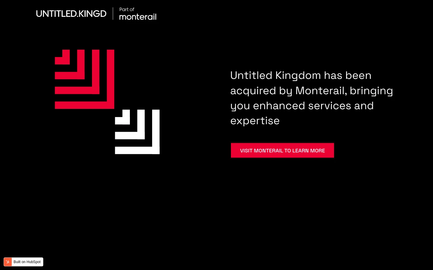 A dark-themed landing page with a black background and white text. The header displays the Untitled Kingdom logo alongside 'Part of Monterail'. The main section features large red and white geometric chevron patterns next to a headline announcing the acquisition, followed by a prominent red call-to-action button that reads 'VISIT MONTERAIL TO LEARN MORE'.