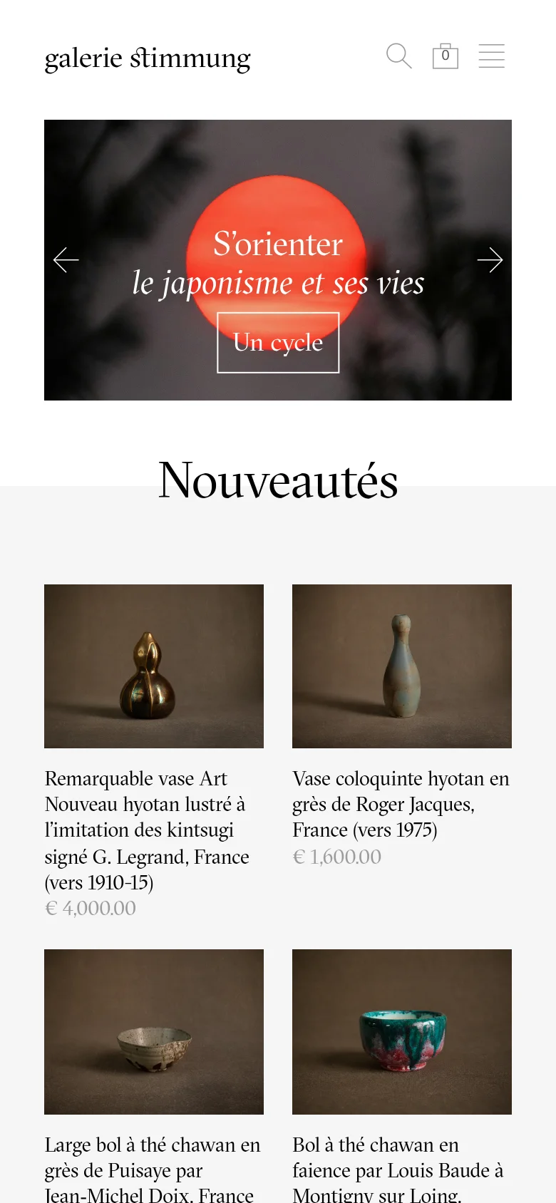 The mobile version presents a simplified header with the logo, a search icon, a shopping bag, and a hamburger menu. The hero slider is vertically compressed, showing the red sun imagery and 'Un cycle' button, followed by the 'Nouveautés' section which displays product images and descriptions in a single-column scrollable layout.