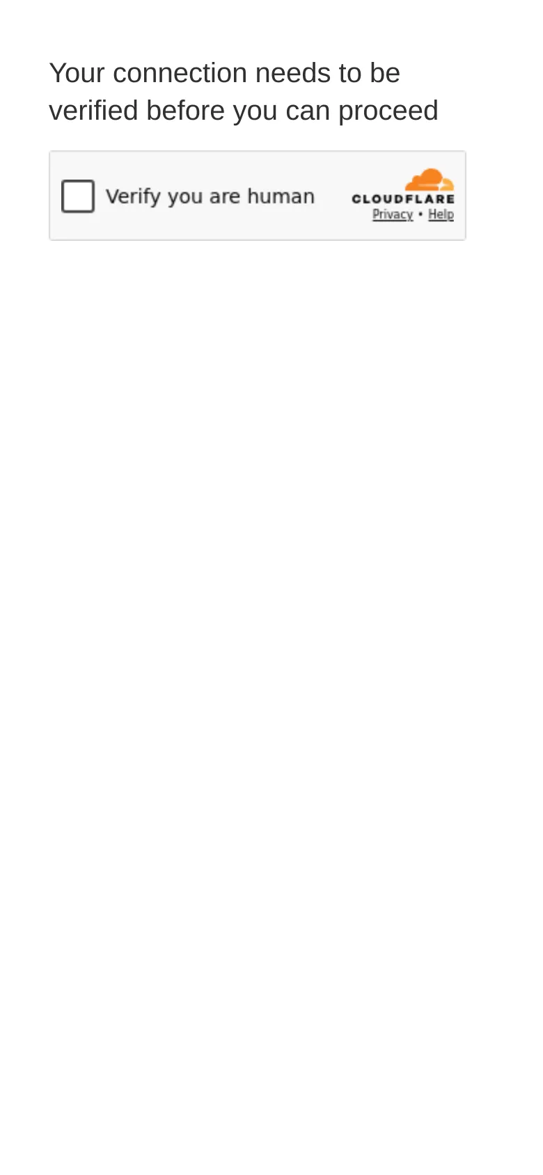 The mobile view shows the same minimalist white layout with centered black text and a Cloudflare verification box. The content is scaled to fit the narrow screen, maintaining the same single-column structure as the desktop version.