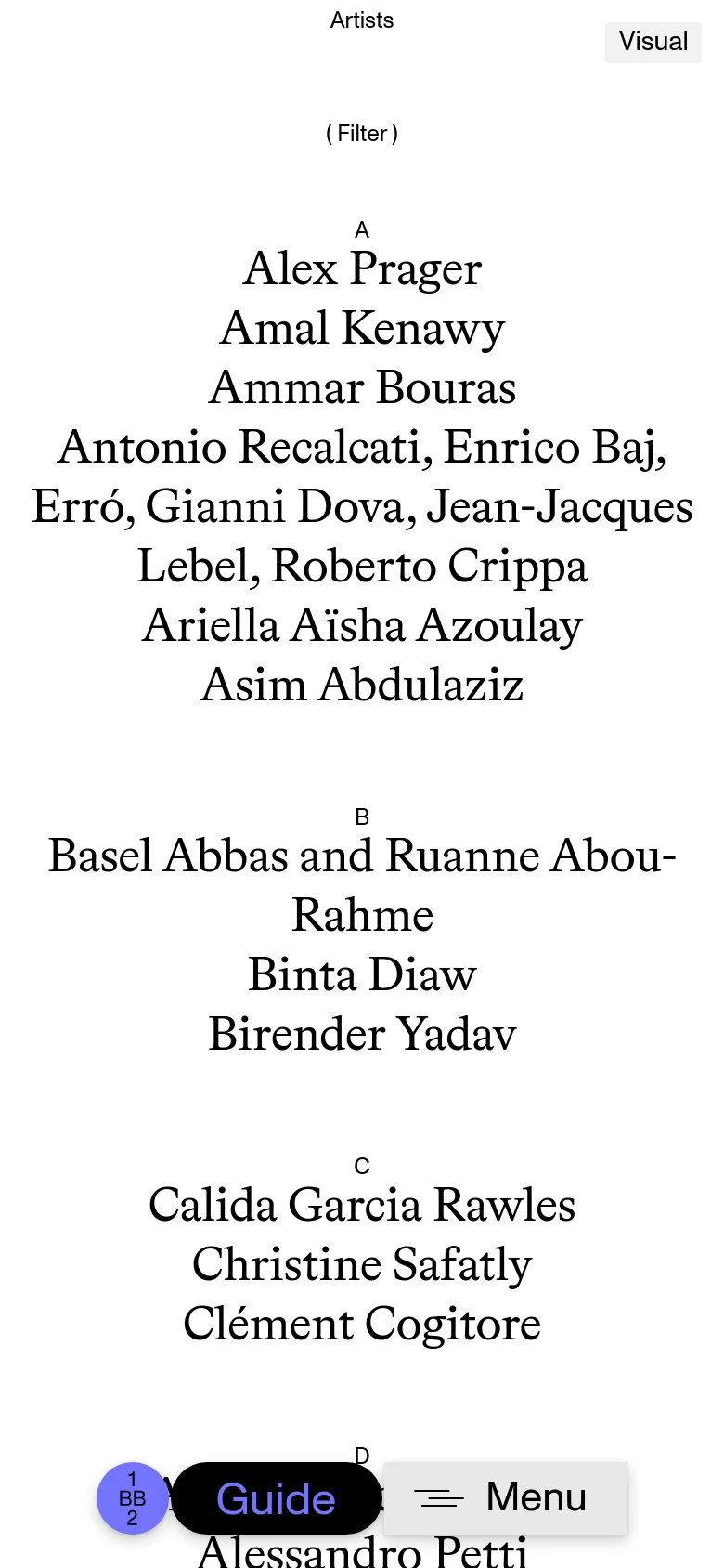 The mobile version maintains the minimalist white and black aesthetic but reorganizes the content into a single vertical column for readability. The large lime green graphic is removed to prioritize the artist list, and the navigation menu and 'Guide' button are condensed into a fixed bottom bar.
