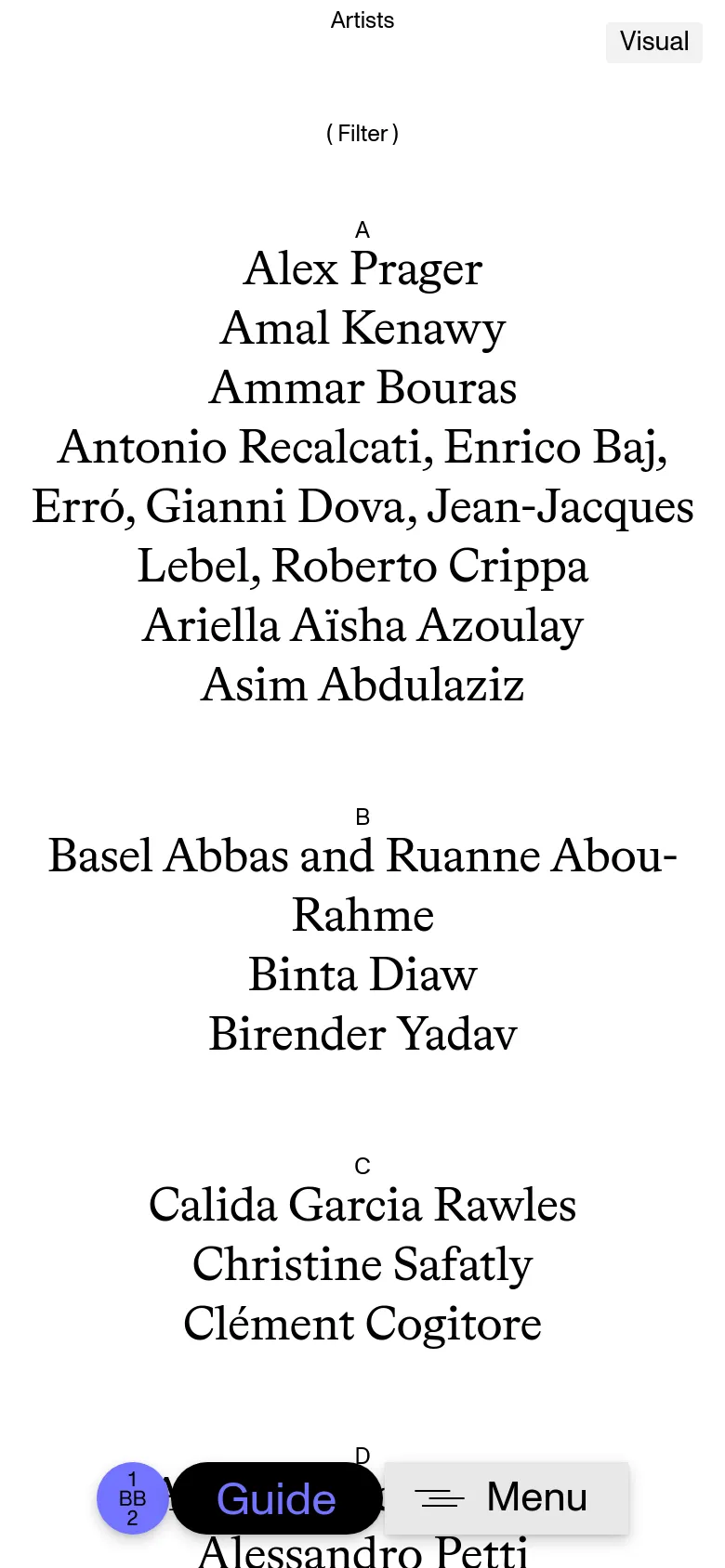 The mobile version maintains the minimalist white and black aesthetic but reorganizes the content into a single vertical column for readability. The large lime green graphic is removed to prioritize the artist list, and the navigation menu and 'Guide' button are condensed into a fixed bottom bar.