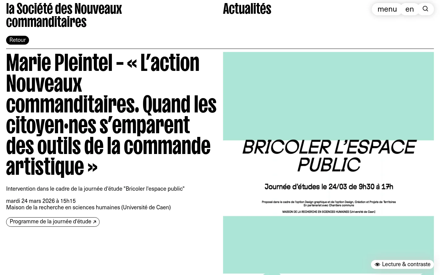 The desktop page features a large, bold black headline on the left and a light mint green graphic on the right with the text 'BRICOLER L'ESPACE PUBLIC'. Below the headline, event details including date, time, and location are listed, followed by a white call-to-action button with a black border. The layout is split into two main columns with a clean white background and a minimalist header.