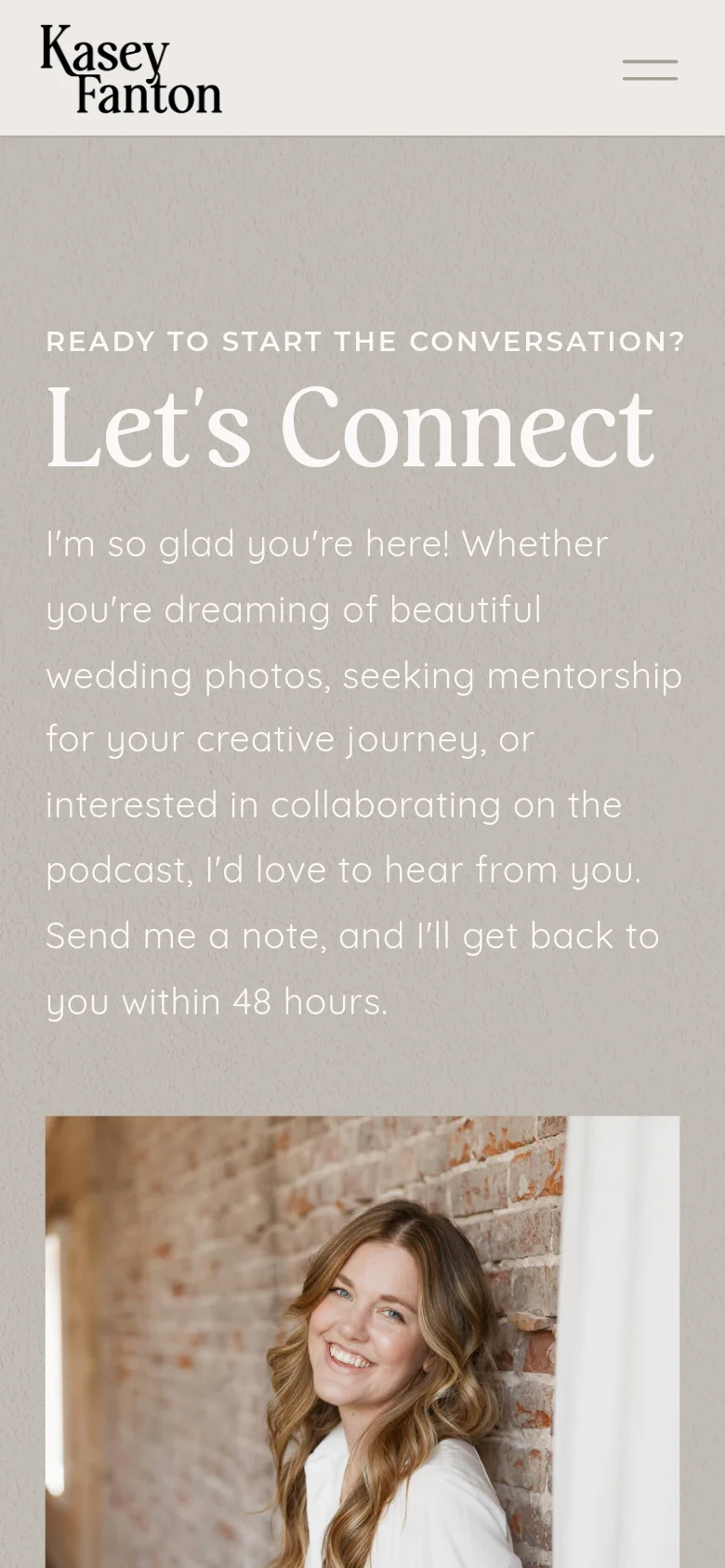 The mobile version simplifies the layout into a single vertical column. The hero section places the 'Let's Connect' text and introductory paragraph above the portrait of the woman. The top navigation is replaced by a hamburger menu icon, and the background remains a consistent neutral beige.