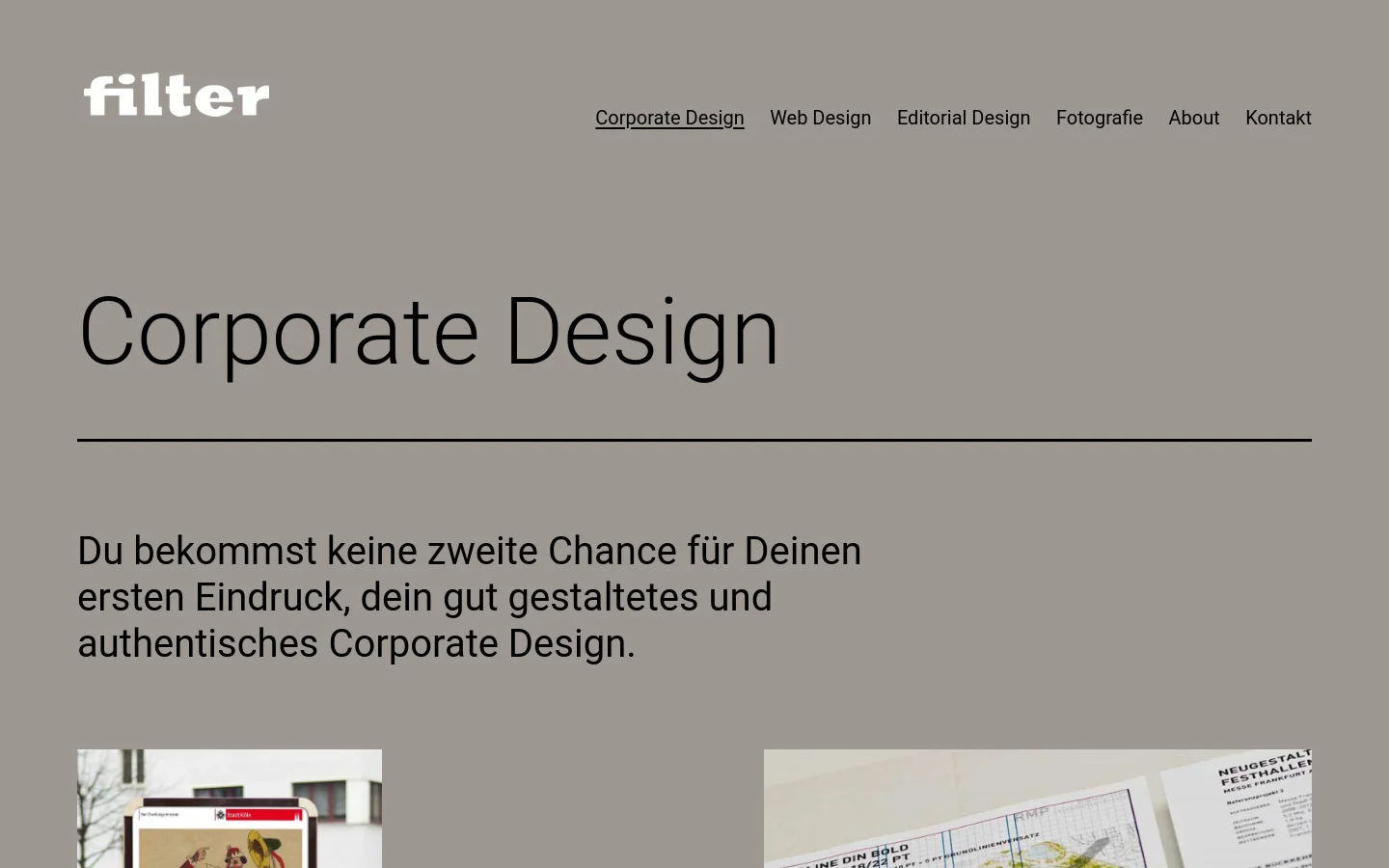 The desktop version features a minimalist gray background with the 'filter' logo on the top left and a horizontal navigation menu on the right. A large 'Corporate Design' headline is followed by a subheadline and a grid of various portfolio images showcasing graphic design projects.