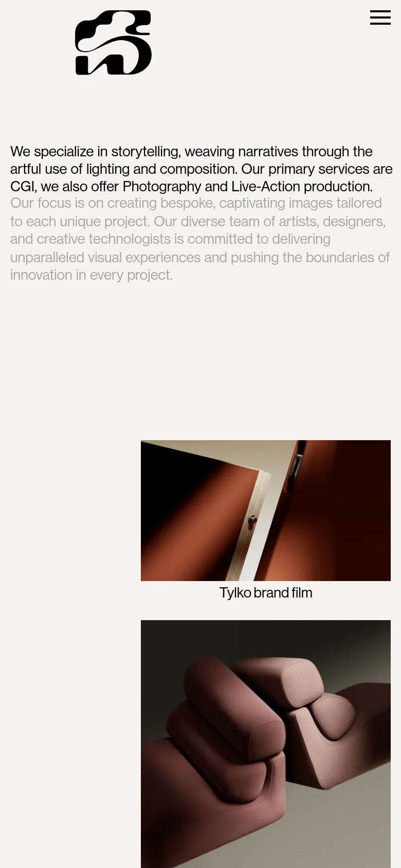 The mobile version maintains the minimalist aesthetic and beige color palette but shifts to a single-column vertical layout. The introductory text is stacked for readability, and the project images and headlines are scaled to fit the narrow screen width.