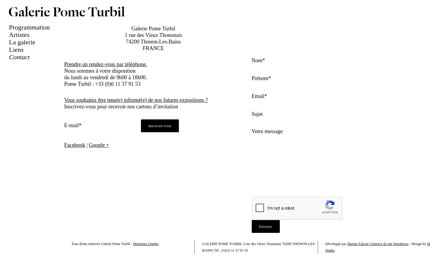 The contact page for Galerie Pome Turbil features a clean, minimalist white layout with black serif typography. The desktop view displays the gallery's address, phone number, and an invitation to subscribe to a newsletter on the left, while a contact form with fields for name, email, subject, and message is positioned on the right. A Google reCAPTCHA widget and a black 'Envoyer' button are located at the bottom of the form.